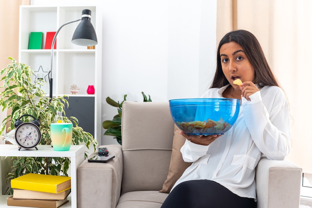 A person in a white sweater sits on a beige couch, holding a blue bowl of snacks in a cozy, well-decorated living room.