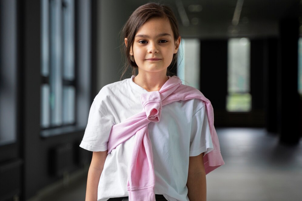 A child wearing a white t-shirt with a pink sweatshirt tied around the shoulders, standing in a modern, brightly lit corridor.